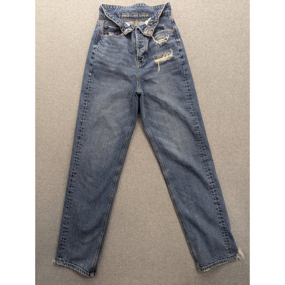 American Eagle Mom Jeans Womens 00 Blue High Rise Distressed Button Fly Raw Hem